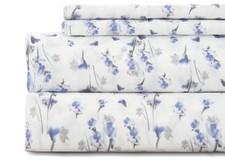 Queen Sheet Set 4PC Printed Blue Flower Pattern Double Bed Sheets Luxury Cool...
