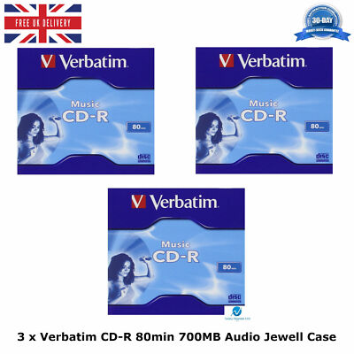 3 x Verbatim Audio CD-R 700MB Jewel Case beschreibbar Rohling Musik 80 Min 43365