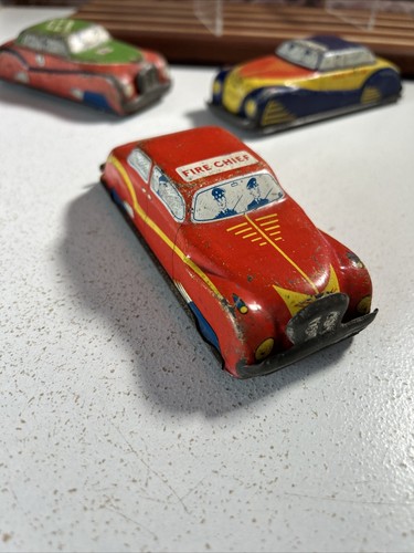 4x Vintage Gtp Tin Plate Toy Cars Monte Carlo Rally Police Fire Chief And Taxi - Picture 8 of 22