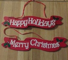 HAPPY HOLIDAYS  MERRY CHRISTMAS HANGING WOODEN SIGNS 14"