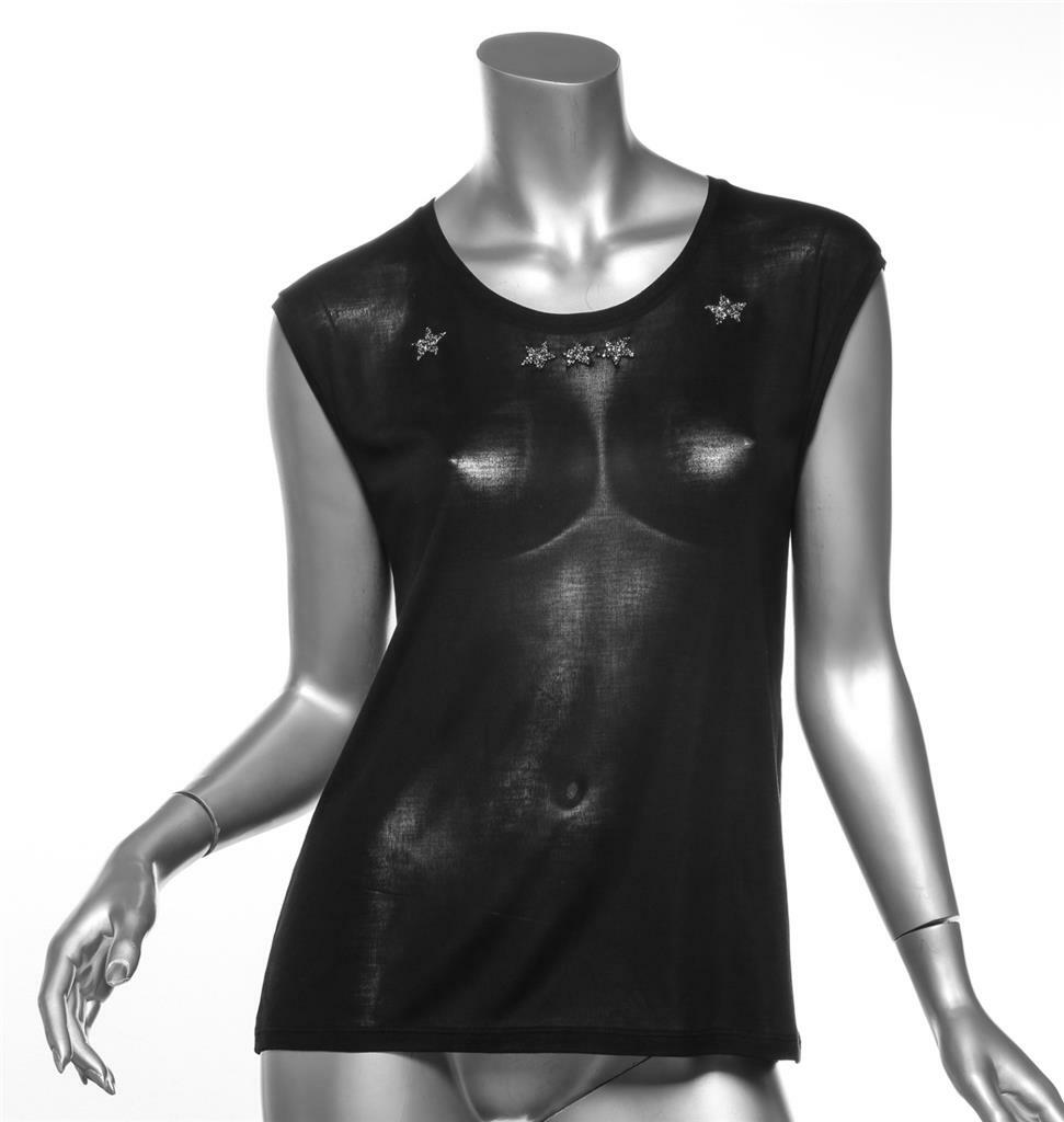 Camicia camicetta Saint Laurent nera senza maniche *stelle* abbellita S NUOVA