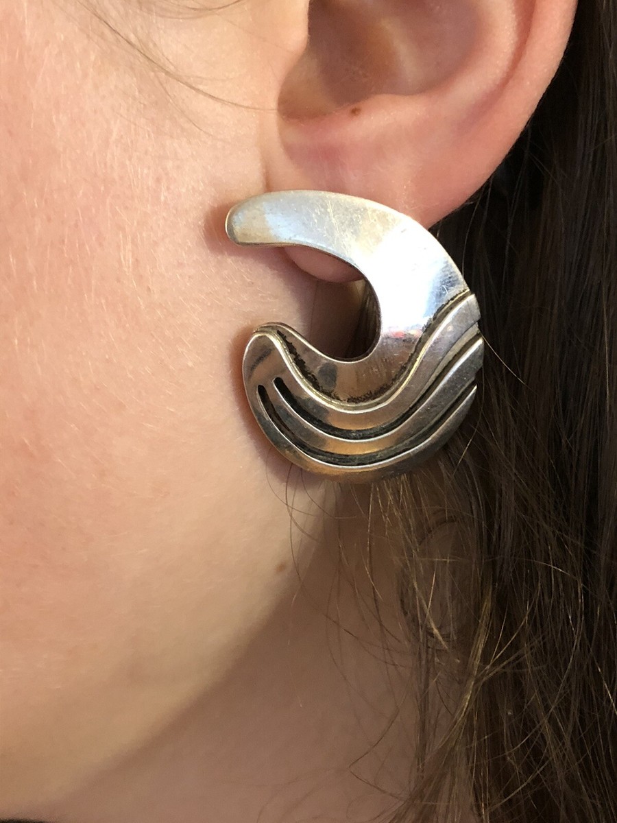 Taxco Mexico Sterling Silver Earrings Modernist Funky Wave