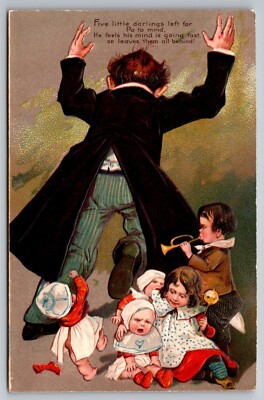 Pa Leaving Five little darlings behind Comic card Embossed PFB c1910s