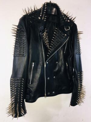 Men long spiked black leather jacket. Rock Punk Style Leather