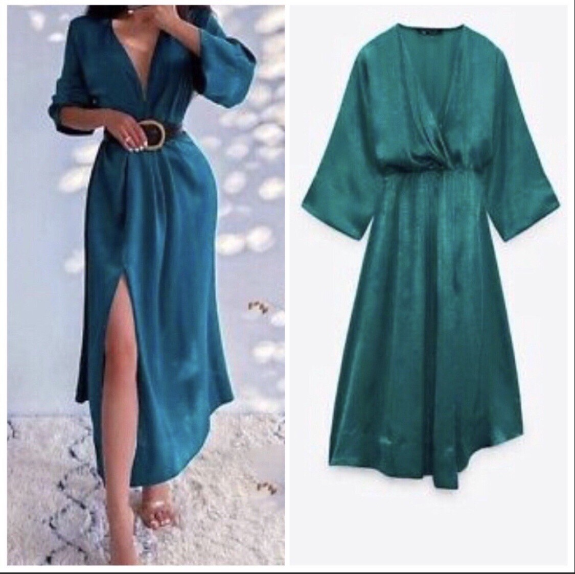 RARE NWT ZARA SS21 SATIN EFFECT MIDI DRESS Duck green 8990/608