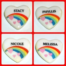 Rainbow Heart Pins on White Vintage 80's Pick Name Retro Girls Names Hat Bag Etc