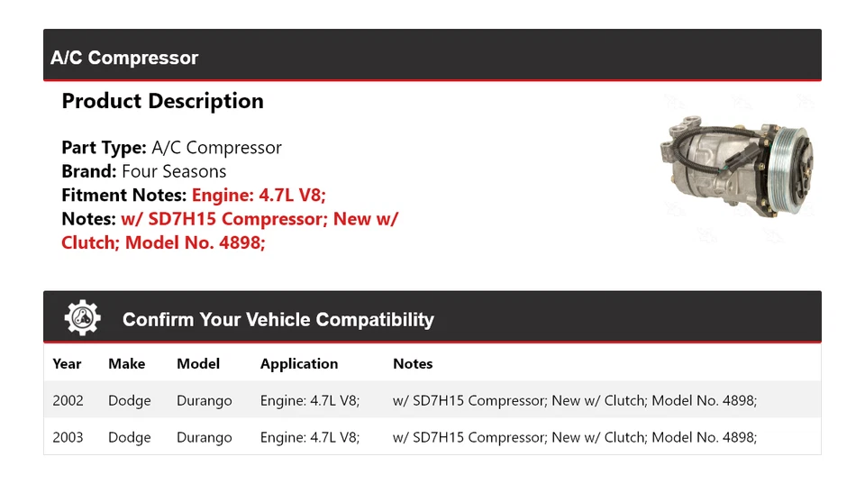 Compresor de aire acondicionado V8 4 estaciones para Dodge Durango 2002-2003 Foto 2 de 4