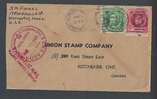 1940 Ontario Canada Union Stamp Co W/Duty Free Cancel To Canada Scarce - 第 1/1 張圖片