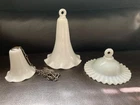 3 Antique Milk Glass SMOKE BELLS for Hanging Oil Lamps, Ruffled, Pleated, Chain
