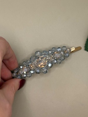 Faceted Crystal Beaded Hair Barrette Clip Clear Gray Rhinestone Statement Access