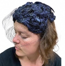 Vintage Mid-Century Dark Blue Hat with Veil   Elegant 1950s Occasion Hat