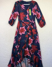 Sam Edelman Dress 8 Matissa Multi Floral Faux Wrap Midi Hi-Low Ruffle Belted
