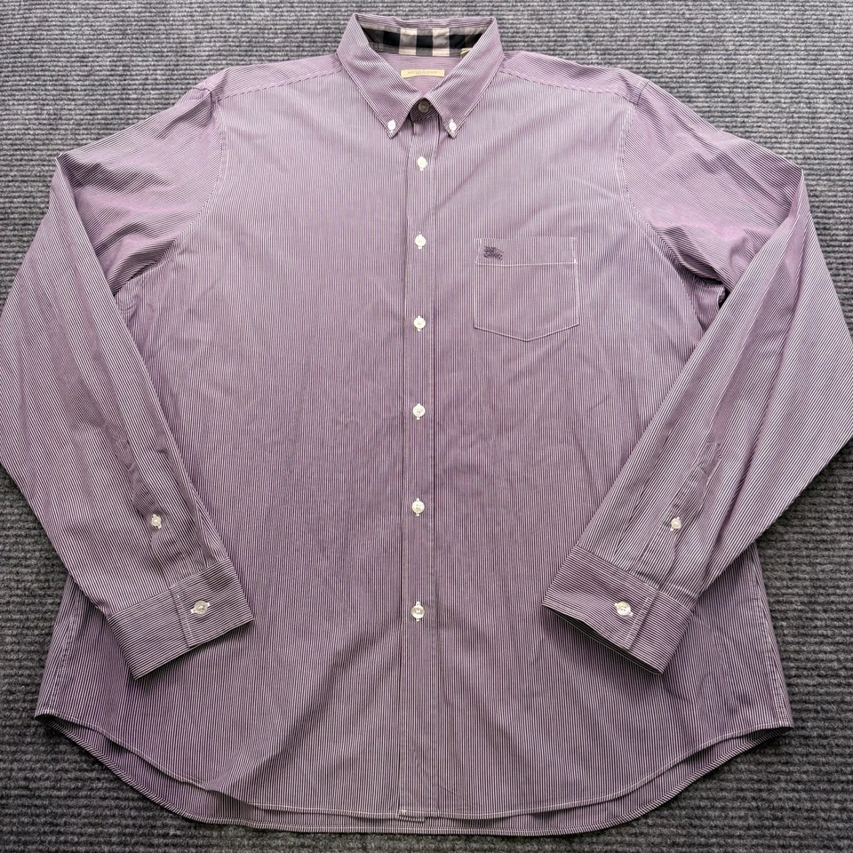 Vintage Burberry Brit Button Shirt Men’s Size 2XL Striped Wine White Hong Kong - Image 2 of 4