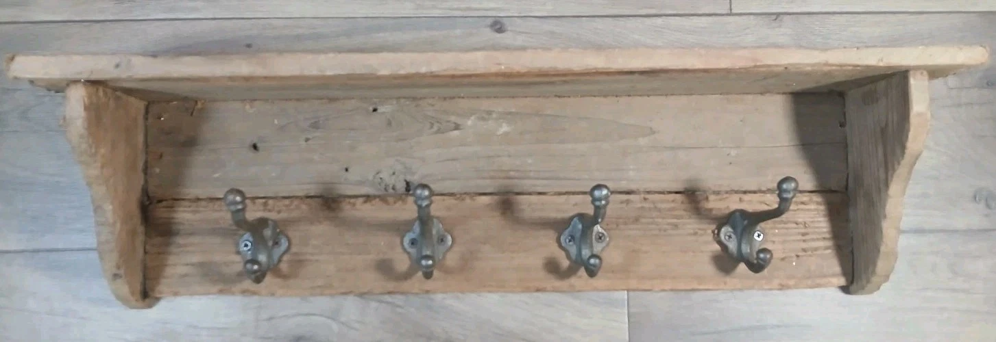 One of a Kind - 25" Rustic Reclaimed Barnwood Shelf w/ 4 Iron Double Hooks