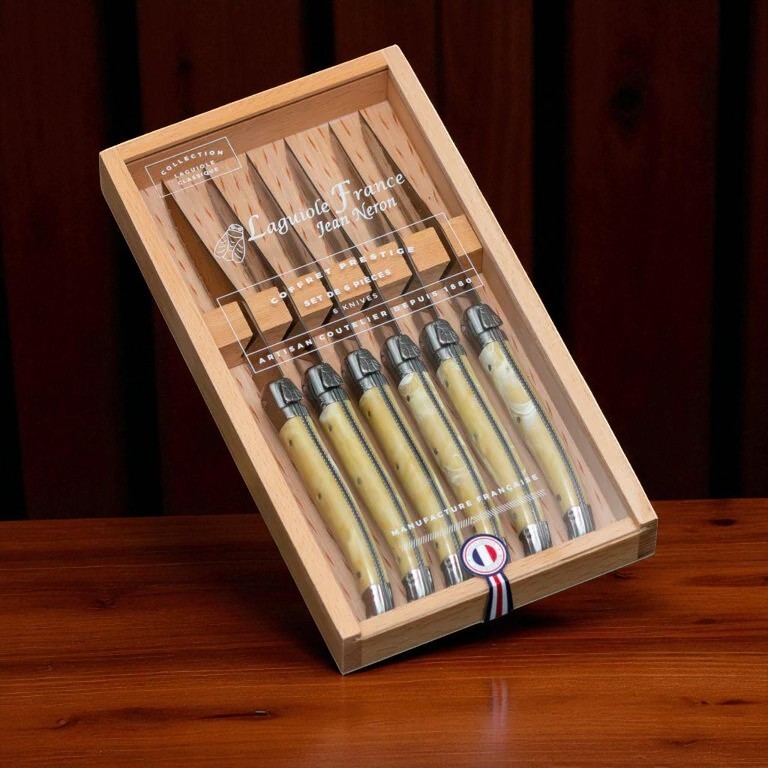 Laguiole Jean Néron 6pc Steak Knife Set Pale Horn Handles Wood Box France NIB