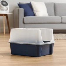 Navy Open Top Cat Litter Box with Shield, Spill-Proof Design for Easy Cleaning