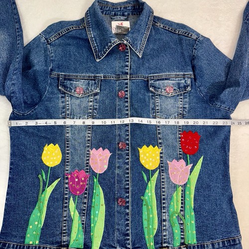 Quacker Factory Sz XL Denim Jean Funky Art-to-Wear Tulip Floral Blazer Jacket - Picture 8 of 12