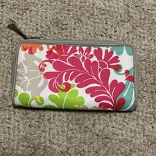 Thirty One 31 Coupon Clutch Wallet Island Damask Green Pink Orange Zip Around Go