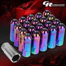 JDM NEO CHROME 20PCS M12X1.5 20MM OD 60MM TALL OPEN END ALUMINUM LUG NUTS+KEY