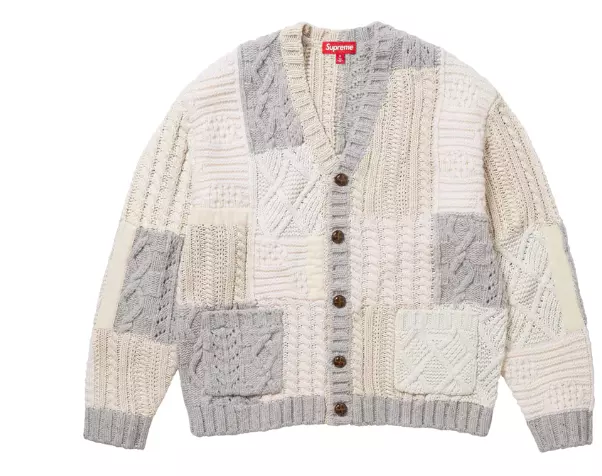 CARDIGAN EN TRICOT CÂBLE PATCHWORK SUPREME IVOIRE FW 2023 TAILLE MOYENNE PRÊT À L'EXPÉDITION