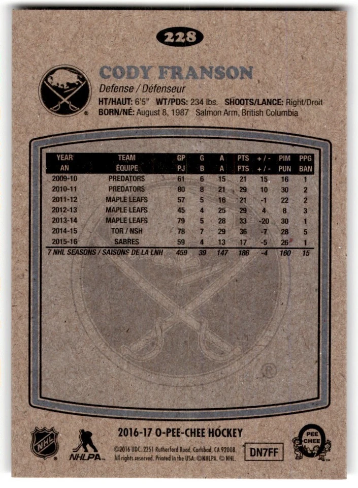Cody Franson 2016-17 O-Pee-Chee Retro #228 Buffalo Sabres - Image 2 of 2