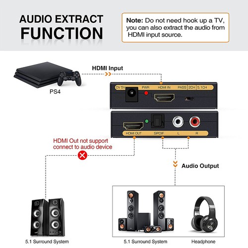 4K@60Hz HDMI Audio Extractor Converter Adapter HDMI to HDMI+SPDIF+RCA L/R Stereo - Bild 7 von 10