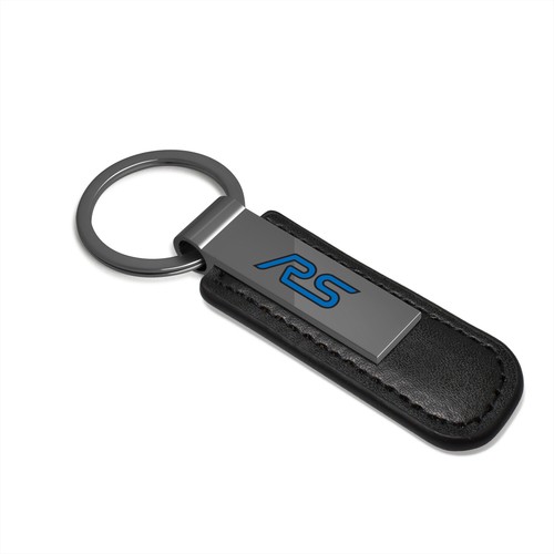 Ford Focus RS Gunmetal Gray Metal Plate Black Leather Strap Key Chain - Picture 2 of 5