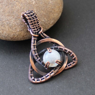 Rainbow Moonstone Copper Wire Wrapped Pendant Triquetra Circle Handmade Pendant