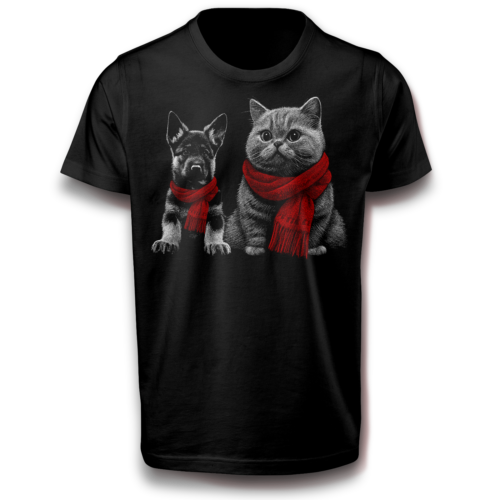 Hund und Katze mit Schals B&C T-Shirt schwarz 122 - 3XL Baumwolle Normalgröße - Bild 1 von 4