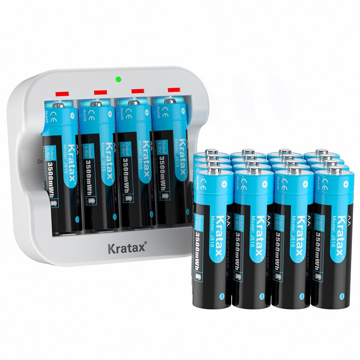Kratax AAA Rechargeable Lithium Batteries 8-Pack With Smart Charger - 1.5V 1100mWh For High-Drain Devices