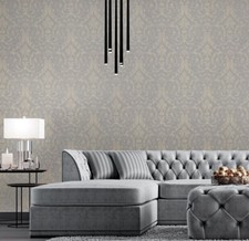 Light Gray ivory gold metallic Victorian damask faux fabric textured Wallpaper