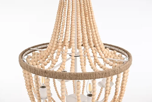 Chandelier Light Fixture Farmhouse Shabby Beige Wood Bead Chic Rope Pendant Lamp - Picture 7 of 9