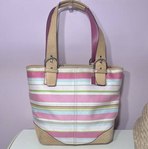 Coach Hampton Pink Striped Canvas Tan Leather Top Zipper Tote Bag Purse 5175