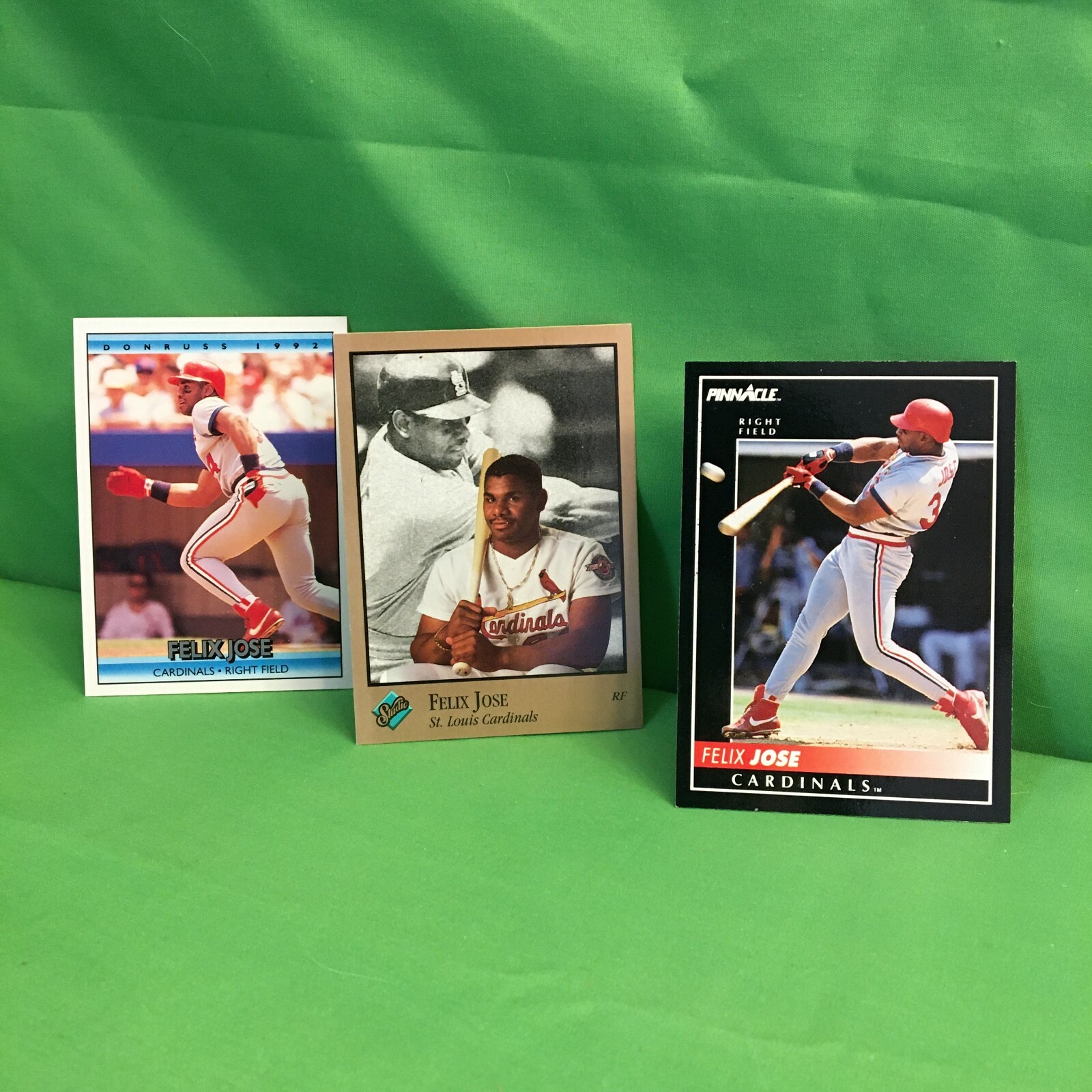FELIX JOSE , Three different 1992 baseball cards, Pinnacle, Studio, Donruss