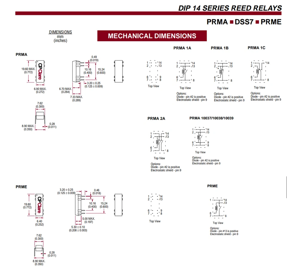 PRMA1B05 CP Clare DIP Reed Relay 5VDC 1 Form B 0.5A/2A SPST-NC 8-Pin UPRMA1B05 - Image 2 of 4