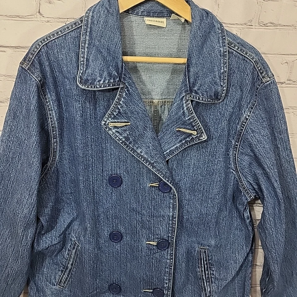 Crossroads 牛仔夹克女式 L 大号复古纽扣 100% 棉蓝色 — 第 2/4 张图片