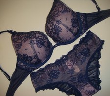 Victoria's Secret 32D BRA SET panty NAVY BLUE gold crystallized ANGEL FANTASIES