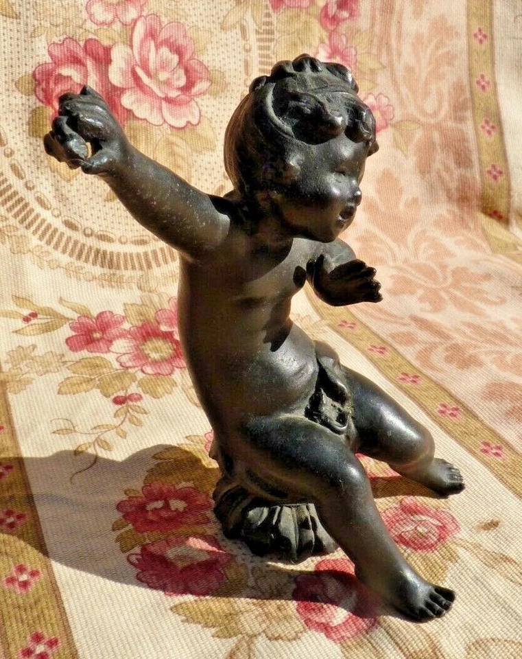 ANCIEN ANGE CHÉRUBIN PUTTI SCULPTURE ANCIENNE DÉCOR EN RÉGULE XIXe  - Photo 3/4