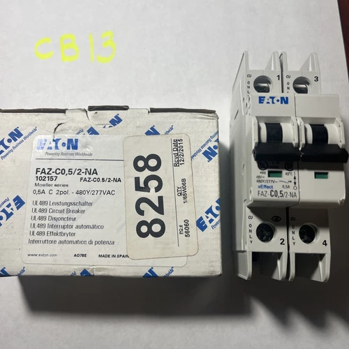 Eaton FAZ-C0,5/2-NA, 2 Pole Unit, 480Y/277VAC Circuit Breaker, New