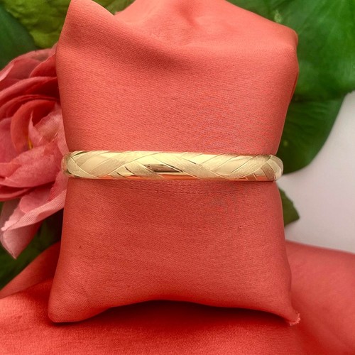 14K Gold Bangle Bracelet, Polished w/ Textured Details, Hinged, 1/2'' W, Safety - Picture 2 of 5