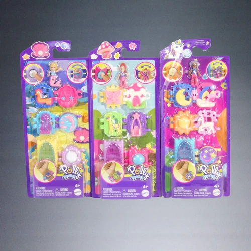 3pc MATTEL POLLY POCKET BRACELET TREASURES SPORTS-UNICORN+ANIMAL SAFARI SET