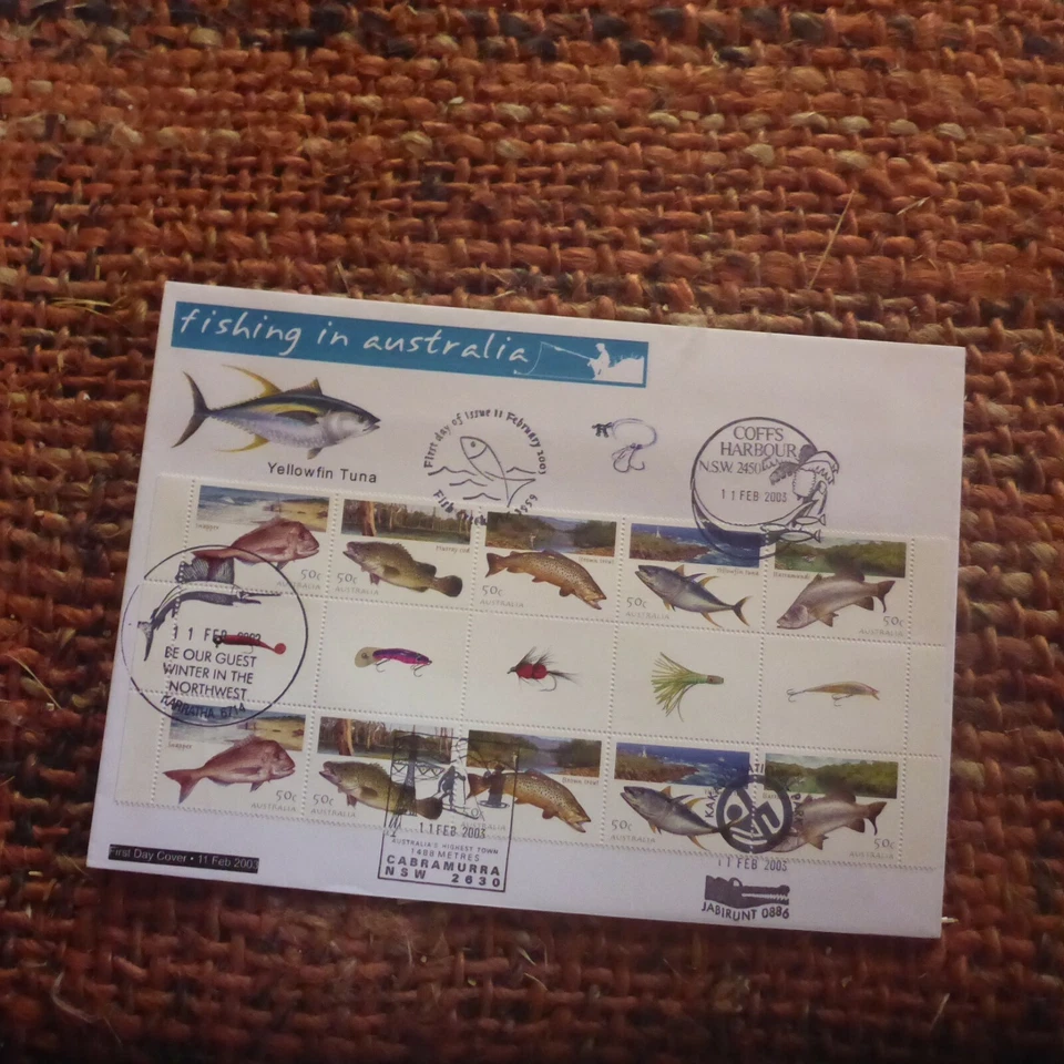 2001 FISHING GUTTER STRIP OF 10 FIRST DAY COVER ON C5 COVER 5 POSTMARKS - image 2 of 3