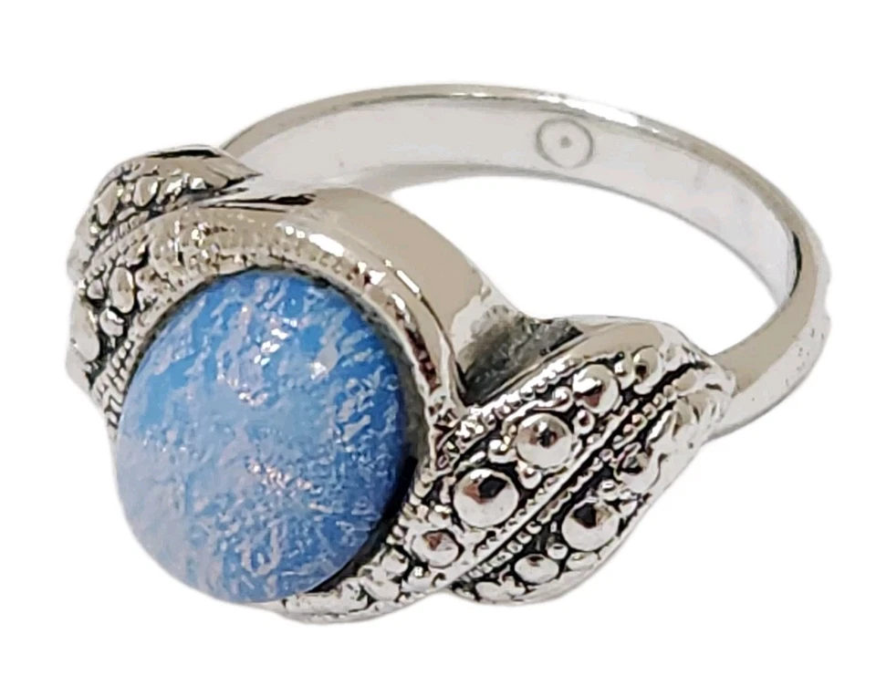 Silver Avon Blue Pink Sparkle Opal Marcasite Engraved Marcasite Cocktail Ring S6 - Image 2 of 4
