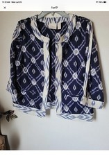 Chico's Women's Boho Ikat Blue White Cotton Open Jacket Wearable Art Sz 1