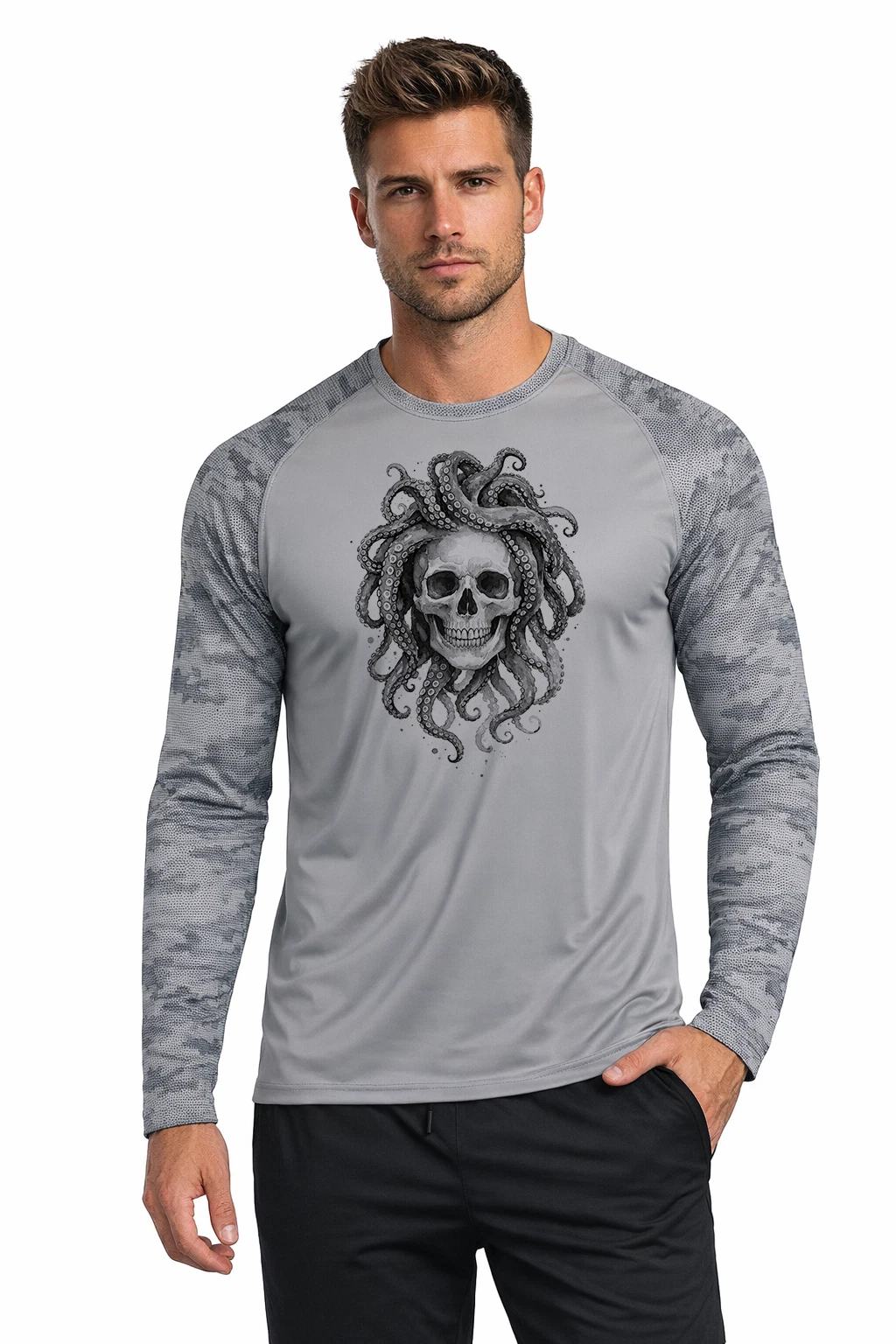 Skull Octopus Water Sport Boat Camo Long Sleeve UPF 50 T-Shirt UV Protection