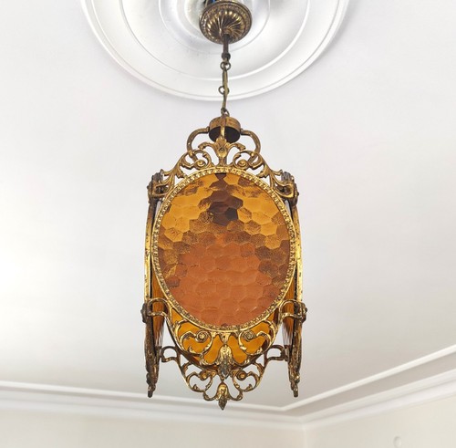 Antique Ceiling Light Pendant Lamp Vintage French Brass honey-colored Glass
