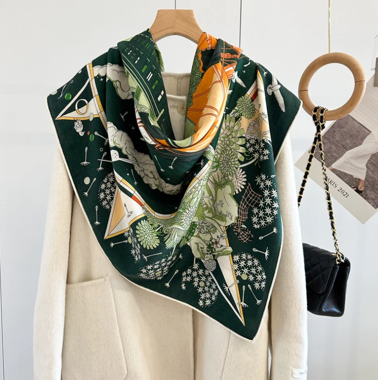 70% Cashmere 30% Silk Wrap Scarf Yellow ship Print Double Face Print Shawl 53'' - Image 2 of 4