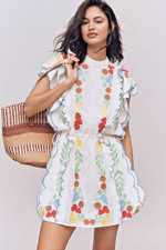 NWT FARM RIO ANTHROPOLOGIE Embroidered Ruffle Mini Dress WHITE AT THE TABLE S