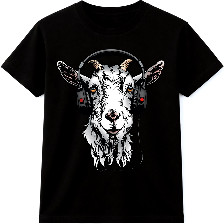 Goat T Shirt Headphones Graphic Tee Funny Animal Music DJ Goat Illustration Top