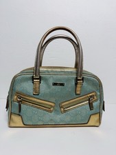 Gucci GG Canvas Bowler Satchel Bag Mint Blue Gold Metallic Vintage 000 0852 2123